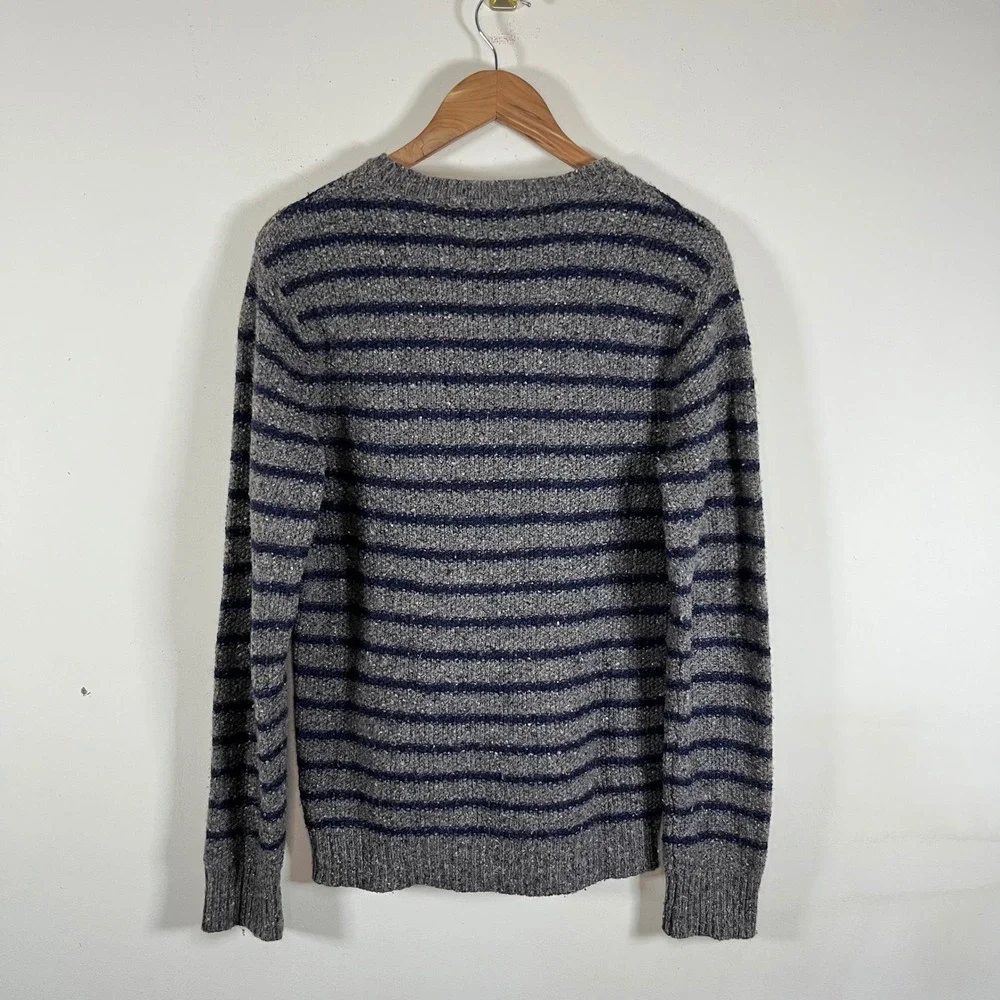 J. Crew Striped Knit Crewneck Wool Blend Donegal Sweater Navy Gray Mens Small